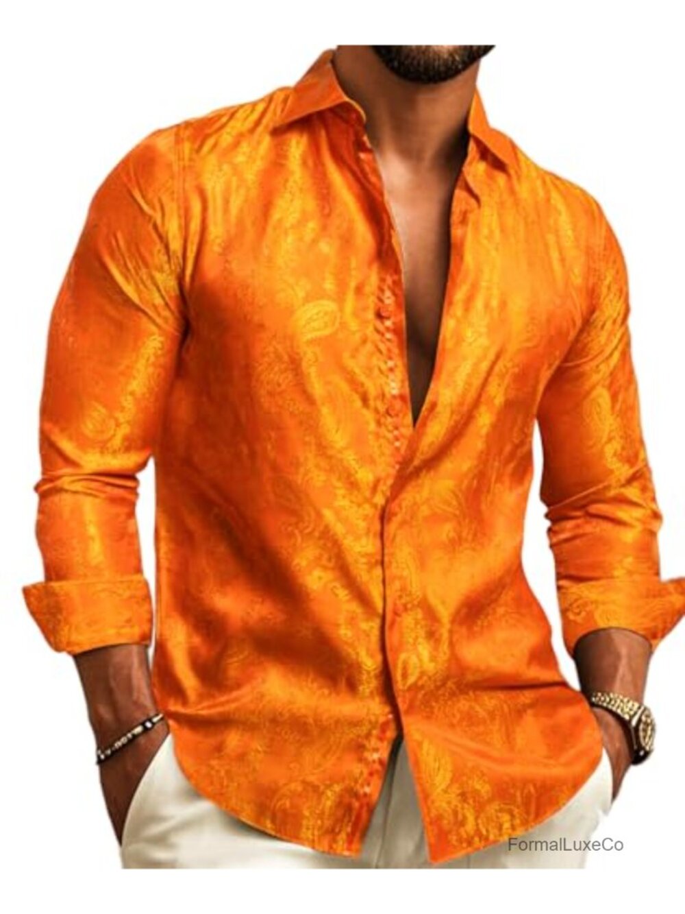 Mens Silk Satin Button Up Shirt Long Sleeve Paisley Floral Dress Shirt